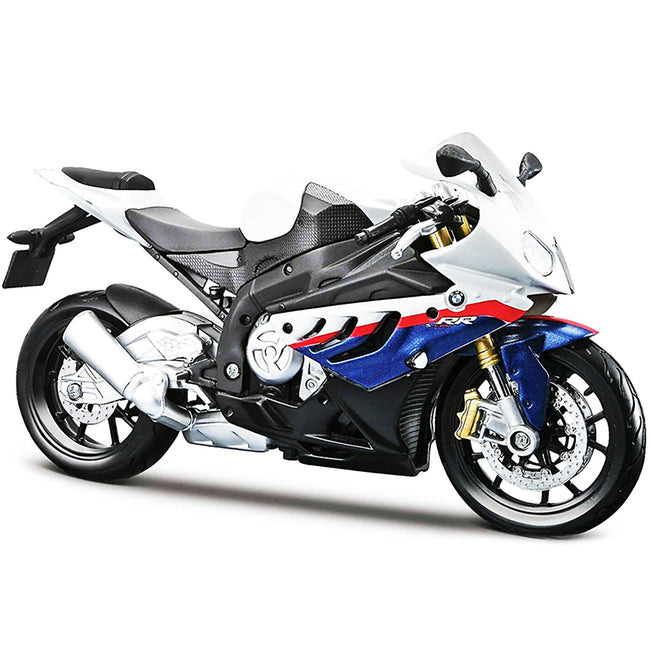 BMW S 1000 RR White with Blue and Red Stripes with Plastic Display Stand 1/12 Diecast Motorcycle Model by Maisto-Maisto-ModelCars.com