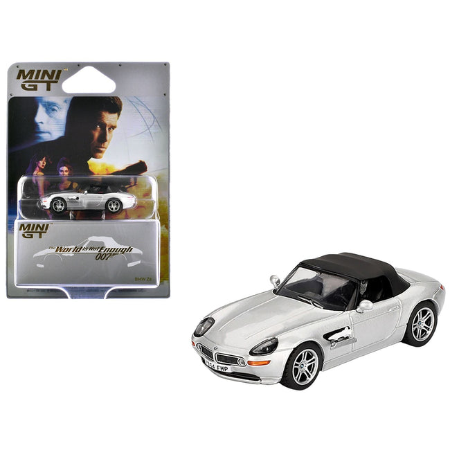 BMW Z8 Silver Metallic with Black Soft Top 007 James Bond "The World Is Not Enough" (1999) Movie Limited Edition 1/64 Diecast Model Car by Mini GT-Mini GT-ModelCars.com