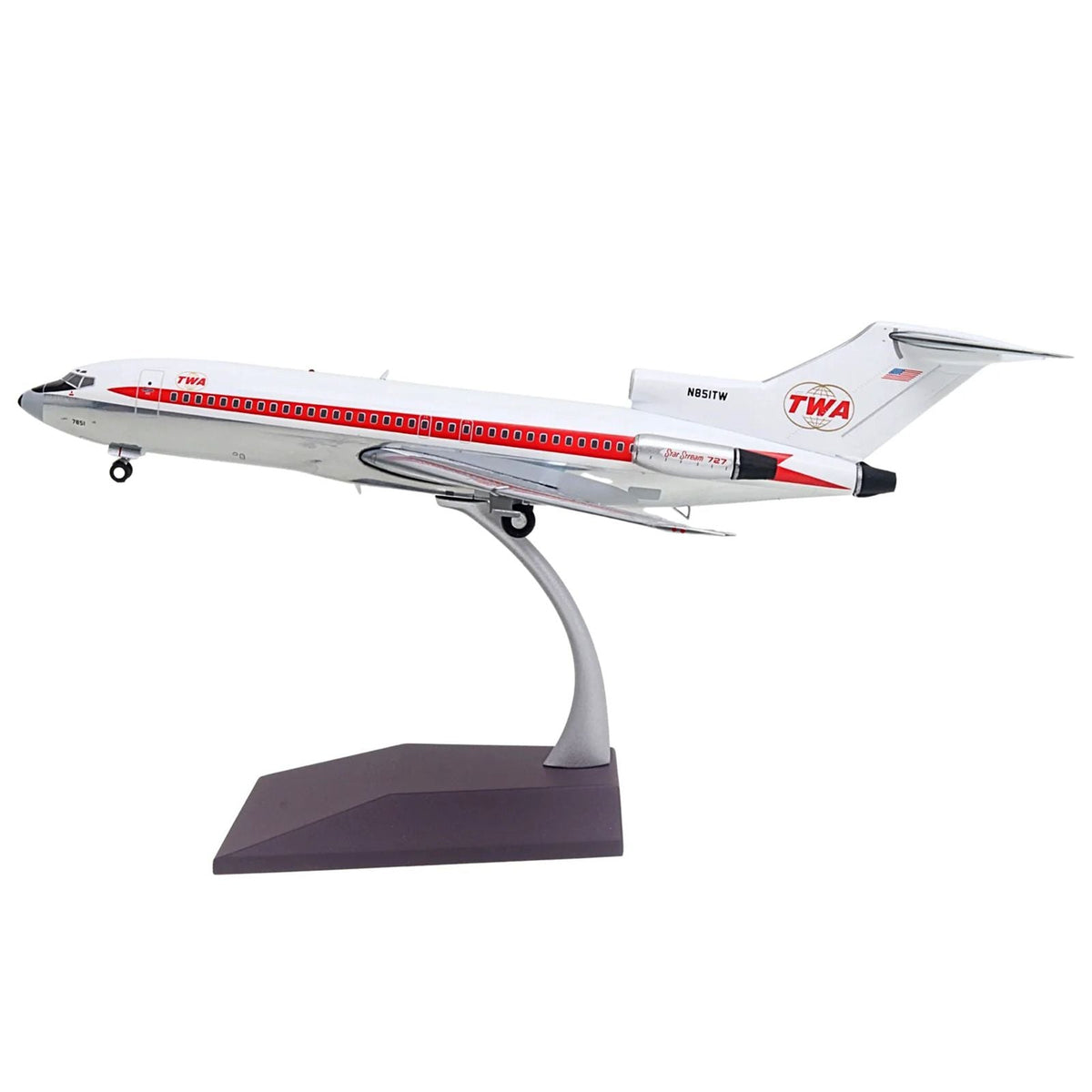 Boeing 727-100 Commercial Aircraft "Trans World Airlines (TWA)" (N851TW) White with Red Stripes "Gemini 200" Series 1/200 Diecast Model Airplane by GeminiJets-GeminiJets-ModelCars.com