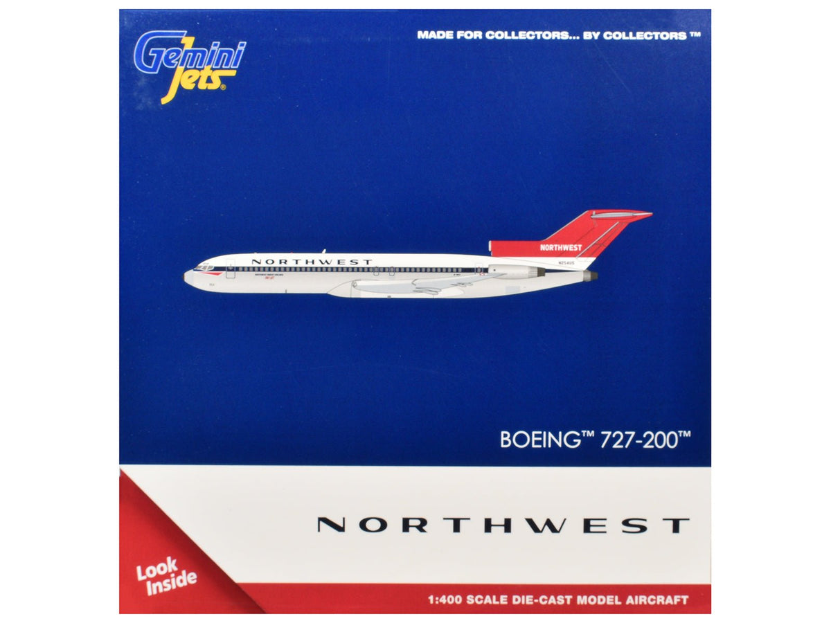 Boeing 727-200 Commercial Aircraft "Northwest Airlines" (N254US) White with Blue Stripes and Red Tail 1/400 Diecast Model by GeminiJets-GeminiJets-ModelCars.com