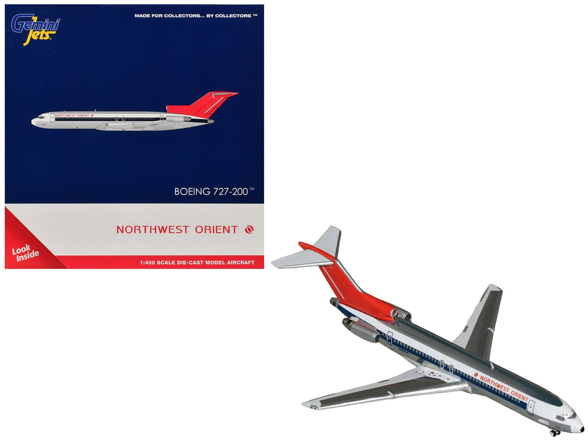 Boeing 727-200 Commercial Aircraft "Northwest Orient" (N298US) Silver with White Stripes and Red Tail 1/400 Diecast Model by GeminiJets-GeminiJets-ModelCars.com