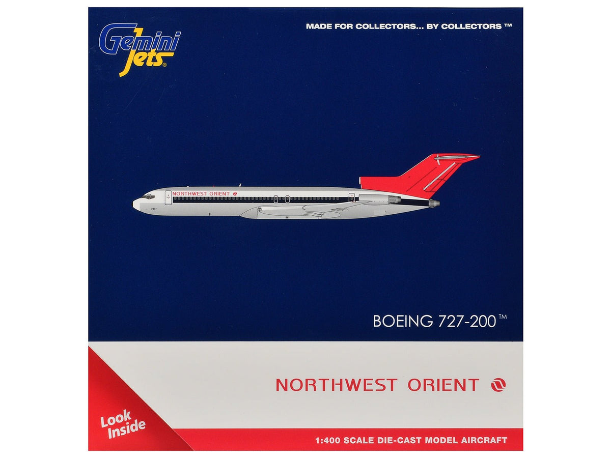 Boeing 727-200 Commercial Aircraft "Northwest Orient" (N298US) Silver with White Stripes and Red Tail 1/400 Diecast Model by GeminiJets-GeminiJets-ModelCars.com