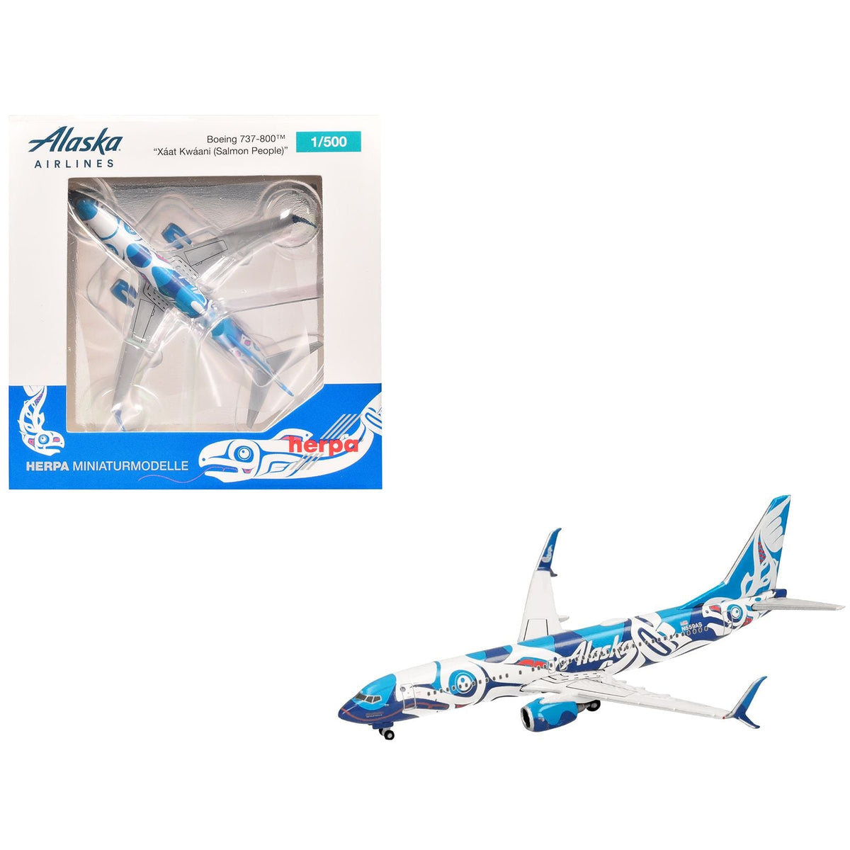Boeing 737-800 Commercial Aircraft "Alaska Airlines - Salmon People Livery" (N559AS) Blue and White 1/500 Diecast Model Airplane by Herpa-Herpa-ModelCars.com