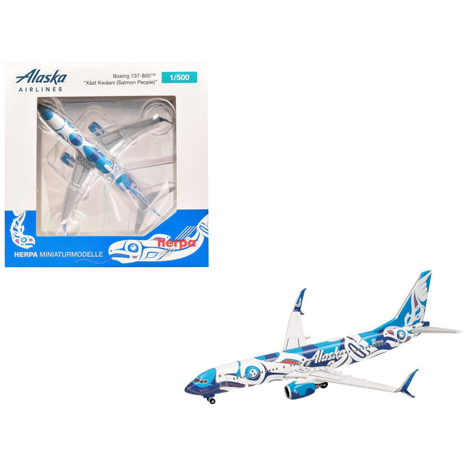 Boeing 737-800 Commercial Aircraft "Alaska Airlines - Salmon People Livery" (N559AS) Blue and White 1/500 Diecast Model Airplane by Herpa-Herpa-ModelCars.com