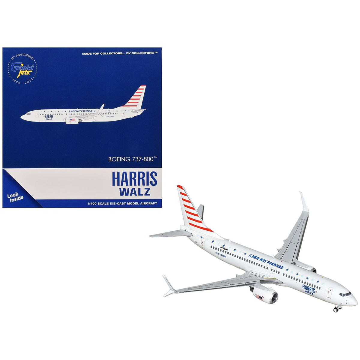 Boeing 737-800 Commercial Aircraft "Harris-Walz Campaign" (N778MA) White with Striped Tail 1/400 Diecast Model Airplane by GeminiJets-GeminiJets-ModelCars.com