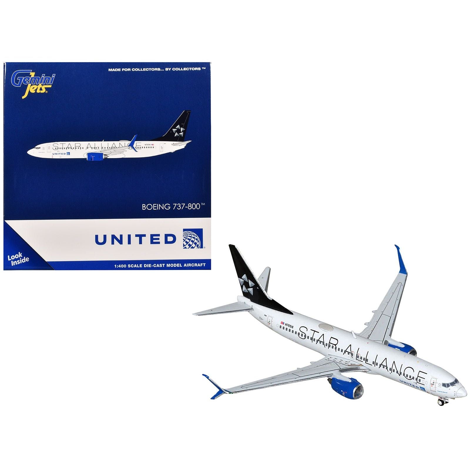 Boeing 737 - 800 Commercial Aircraft "United Airlines - Star Alliance" (N76516) White with Black Tail 1/400 Diecast Model Airplane by GeminiJets - GeminiJets - ModelCars.com