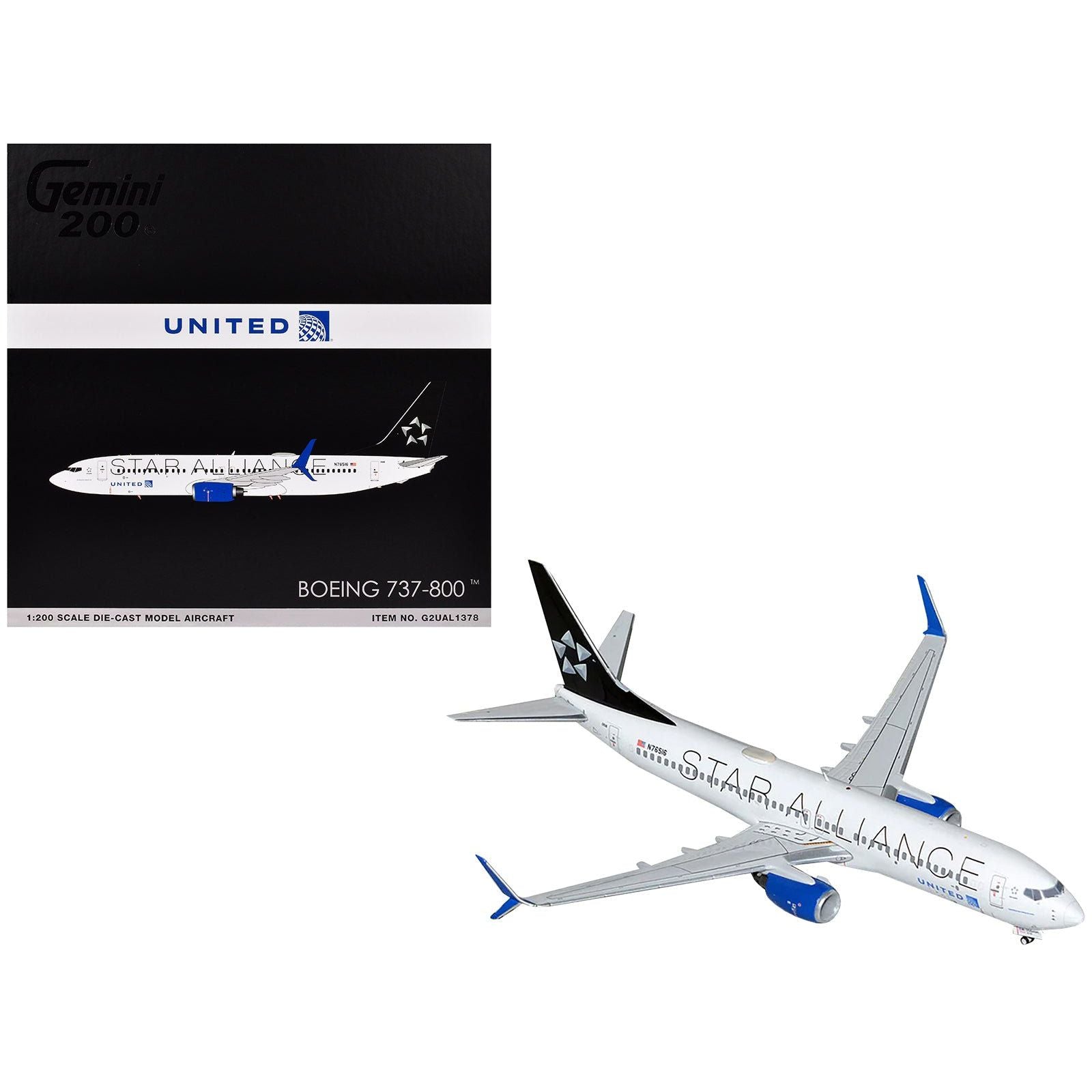 Boeing 737 - 800 Commercial Aircraft "United Airlines Star Alliance" (N76516) White with Black Tail "Gemini 200" Series 1/200 Diecast Model Airplane by GeminiJets - GeminiJets - ModelCars.com
