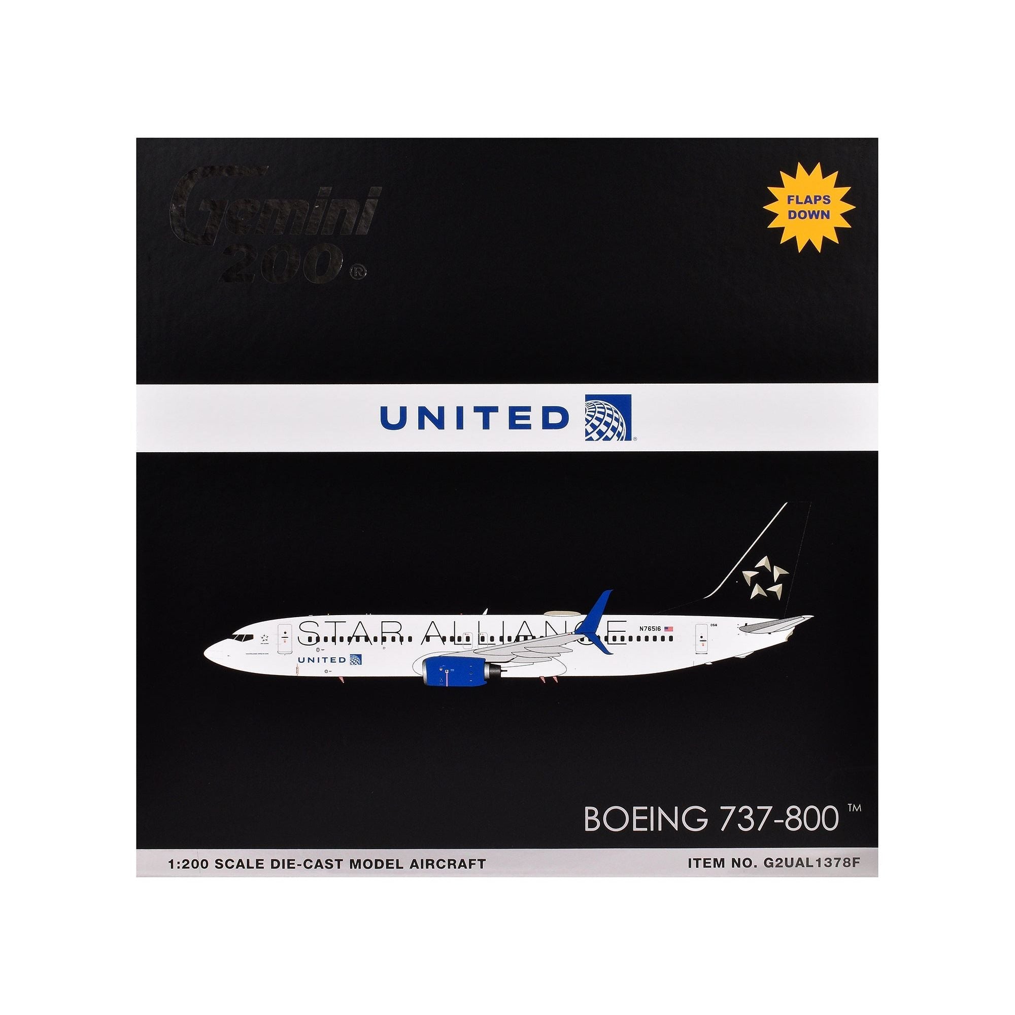 Boeing 737 - 800 Commercial Aircraft with Flaps Down "United Airlines Star Alliance" (N76516) White with Black Tail "Gemini 200" Series 1/200 Diecast Model Airplane by GeminiJets - GeminiJets - ModelCars.com