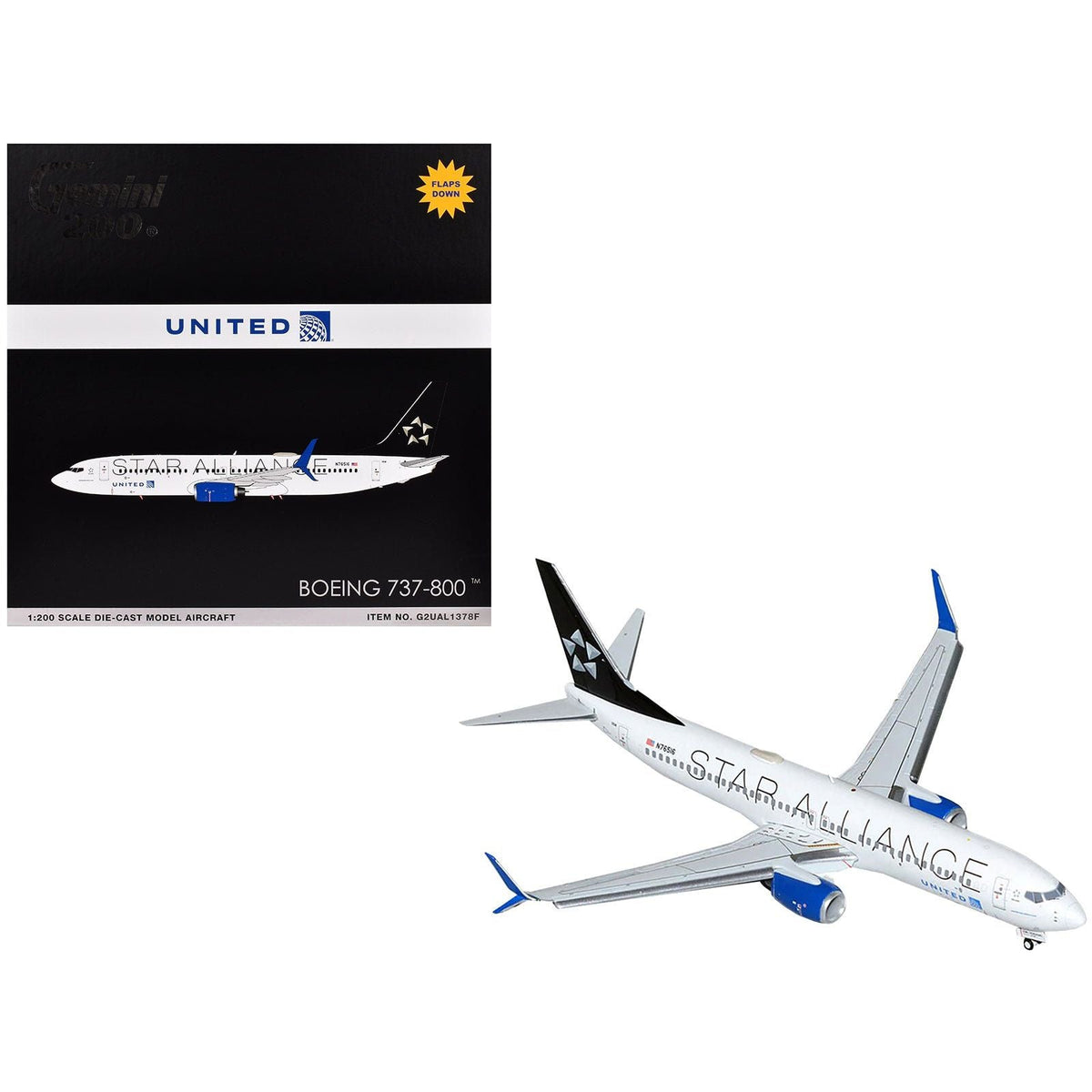Boeing 737-800 Commercial Aircraft with Flaps Down "United Airlines Star Alliance" (N76516) White with Black Tail "Gemini 200" Series 1/200 Diecast Model Airplane by GeminiJets-GeminiJets-ModelCars.com