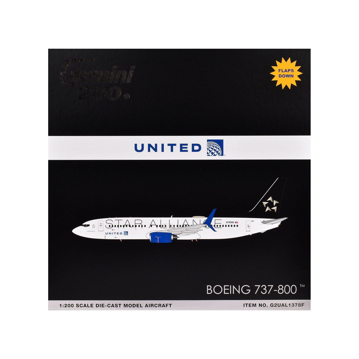 Boeing 737-800 Commercial Aircraft with Flaps Down "United Airlines Star Alliance" (N76516) White with Black Tail "Gemini 200" Series 1/200 Diecast Model Airplane by GeminiJets-GeminiJets-ModelCars.com