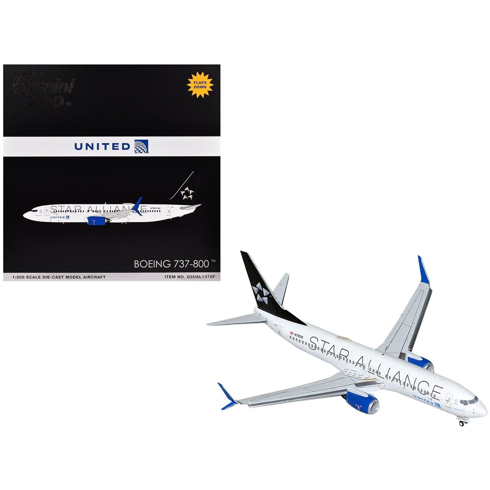 Boeing 737 - 800 Commercial Aircraft with Flaps Down "United Airlines Star Alliance" (N76516) White with Black Tail "Gemini 200" Series 1/200 Diecast Model Airplane by GeminiJets - GeminiJets - ModelCars.com