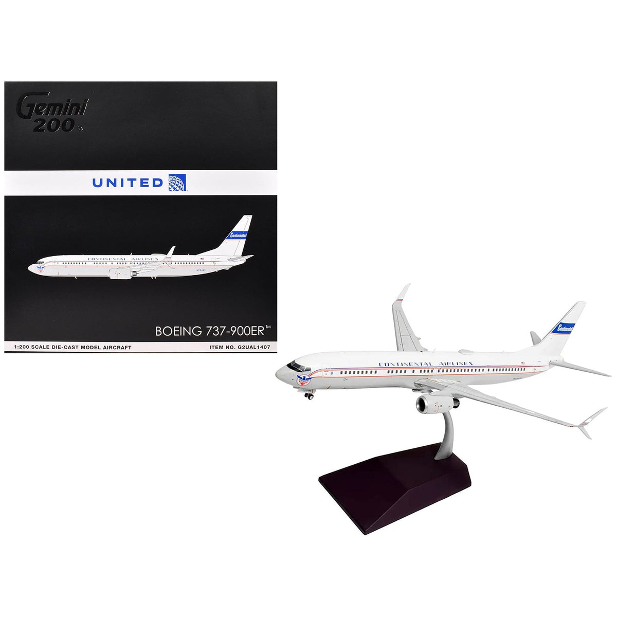 Boeing 737-900ER Commercial Aircraft "Continental Airlines - United Airlines" (N75435) White with Red and Blue Stripes "Gemini 200" Series 1/200 Diecast Model Airplane by GeminiJets-GeminiJets-ModelCars.com