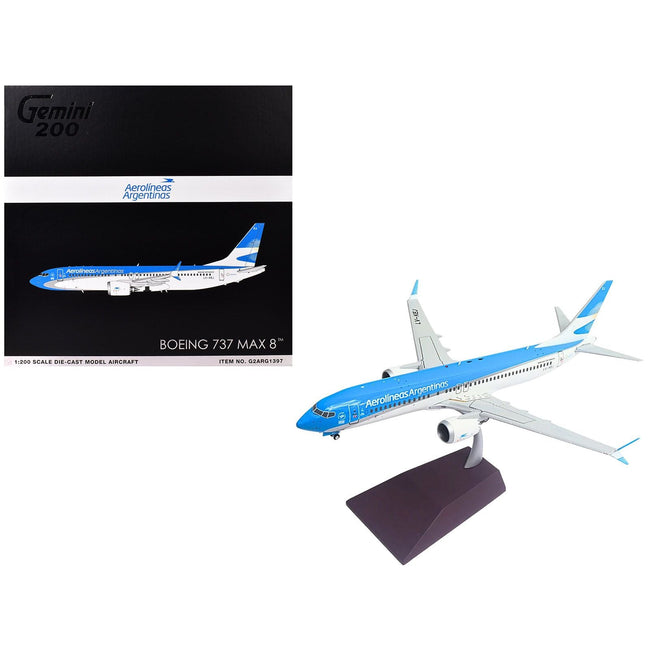 Boeing 737 MAX 8 Commercial Aircraft "Aerolineas Argentinas" (LV-KEJ) White and Blue "Gemini 200" Series 1/200 Diecast Model Airplane by GeminiJets-GeminiJets-ModelCars.com