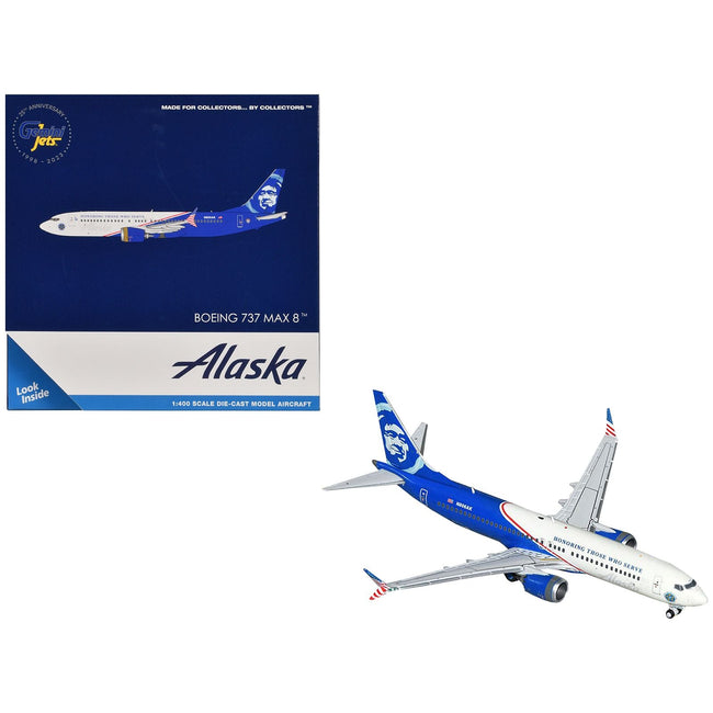 Boeing 737 MAX 8 Commercial Aircraft "Alaska Airlines - Honoring Those Who Serve" (N806AK) White and Blue 1/400 Diecast Model Airplane by GeminiJets-GeminiJets-ModelCars.com
