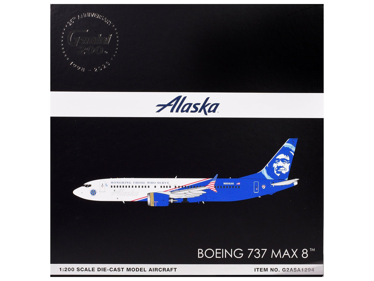 Boeing 737 MAX 8 Commercial Aircraft "Alaska Airlines - Honoring Those Who Serve" (N806AK) White and Blue "Gemini 200" Series 1/200 Diecast Model Airplane by GeminiJets-GeminiJets-ModelCars.com