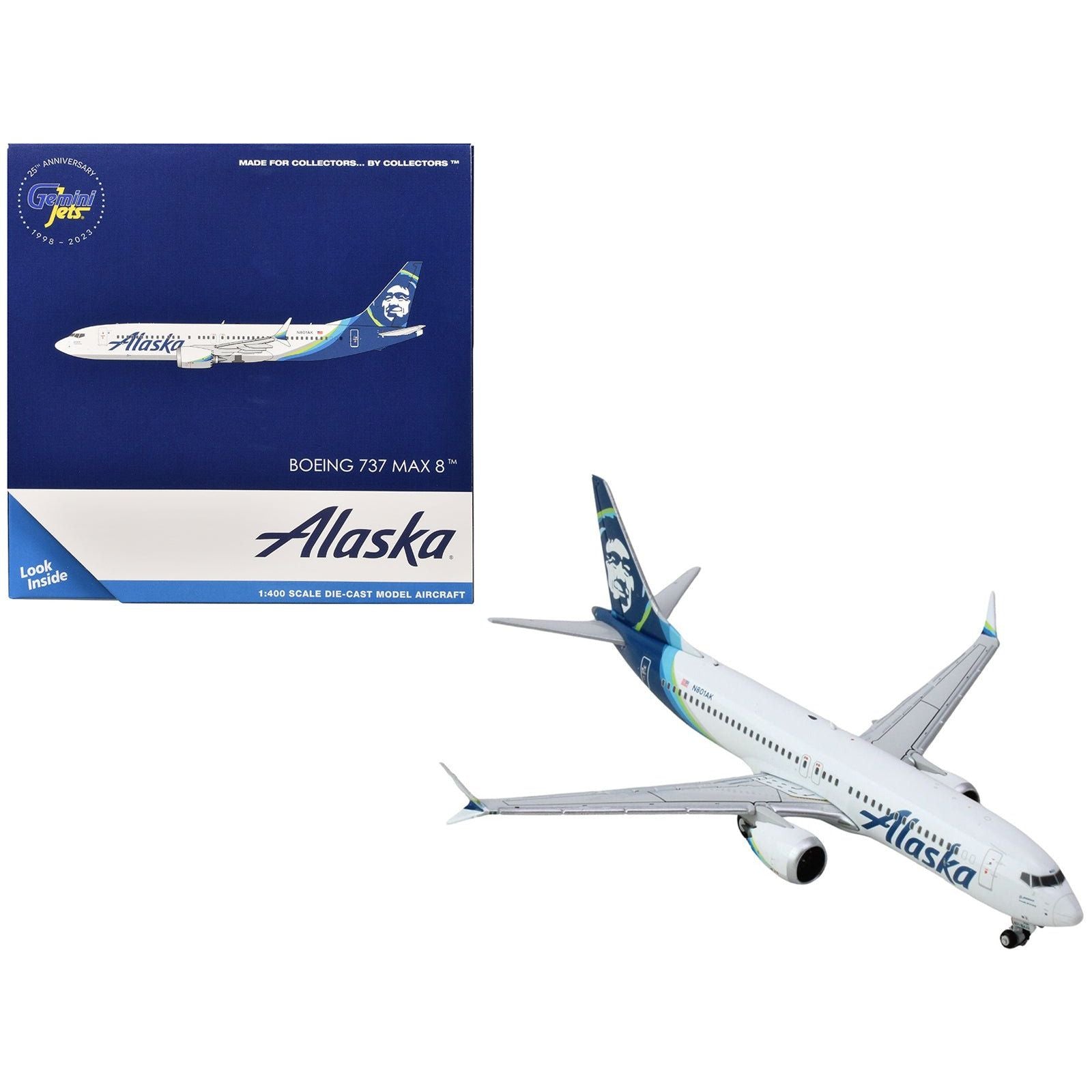 Boeing 737 MAX 8 Commercial Aircraft "Alaska Airlines" (N801AK) White with Blue Tail 1/400 Diecast Model Airplane by GeminiJets - GeminiJets - ModelCars.com