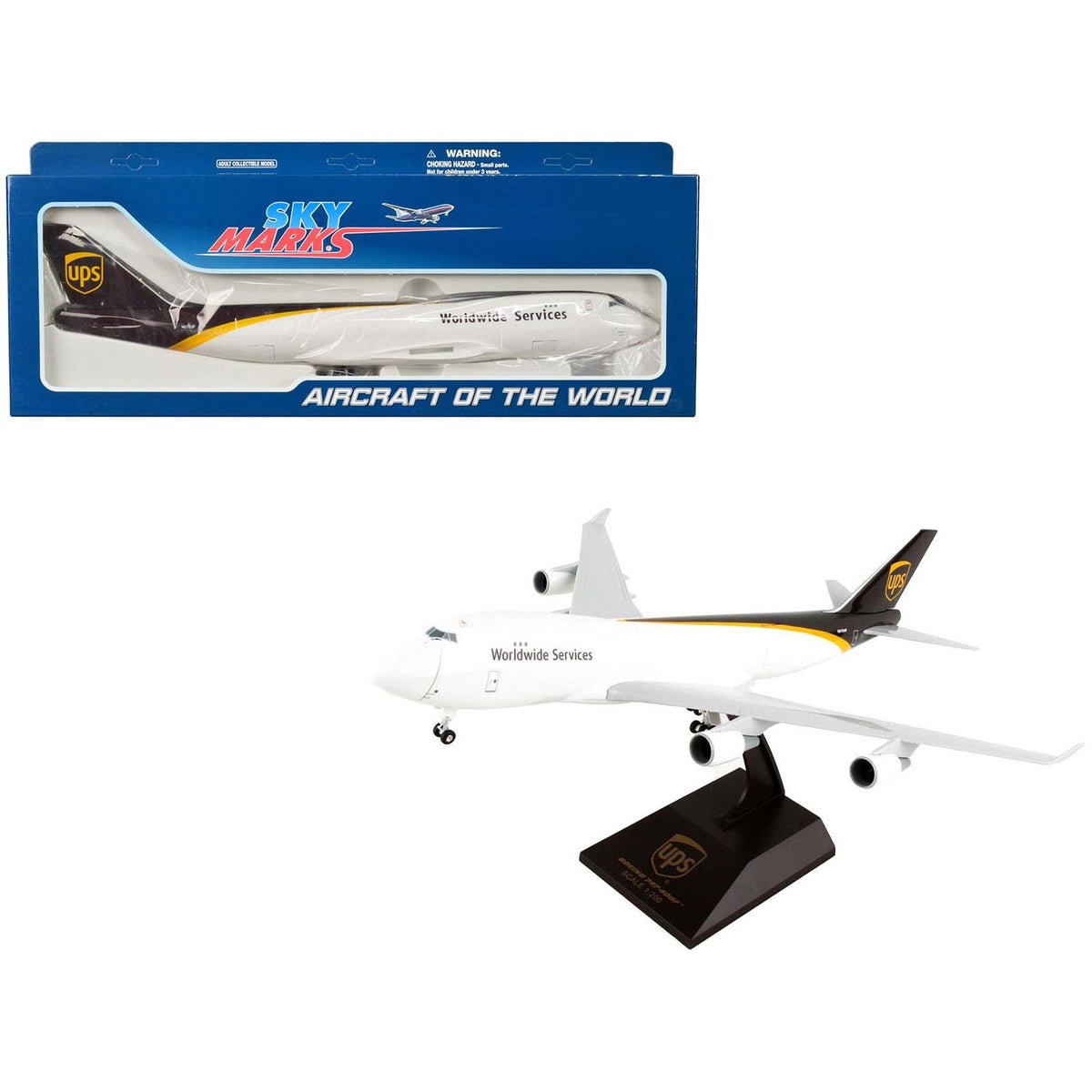 Boeing 747 - 400F Commercial Aircraft with Landing Gear "UPS Worldwide Services" (N572UP) White and Brown (Snap - Fit) 1/200 Plastic Model by Skymarks - Skymarks - ModelCars.com