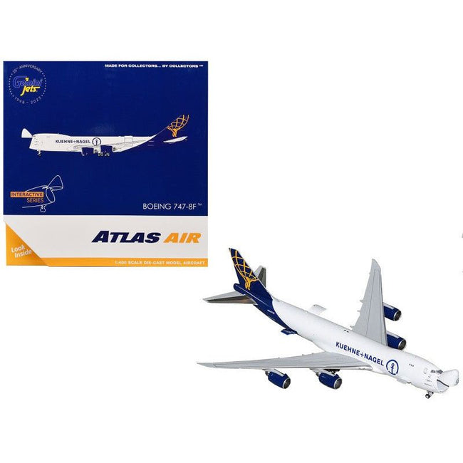 Boeing 747 - 8F Commercial Aircraft "Atlas Air - Kuehne+Nagel" (N862GT) White with Blue Tail "Interactive Series" 1/400 Diecast Model Airplane by GeminiJets - GeminiJets - ModelCars.com