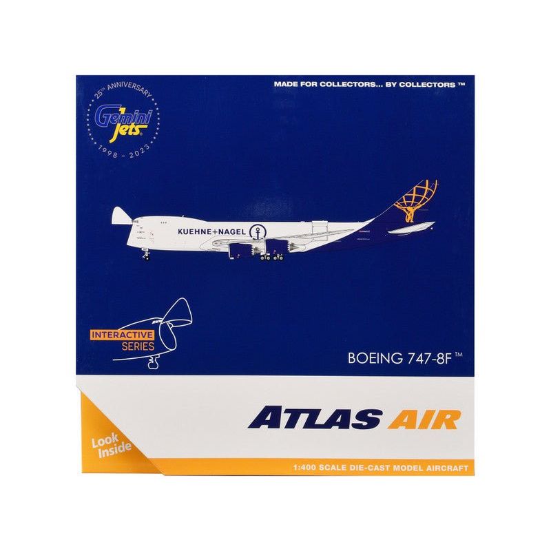 Boeing 747 - 8F Commercial Aircraft "Atlas Air - Kuehne+Nagel" (N862GT) White with Blue Tail "Interactive Series" 1/400 Diecast Model Airplane by GeminiJets - GeminiJets - ModelCars.com