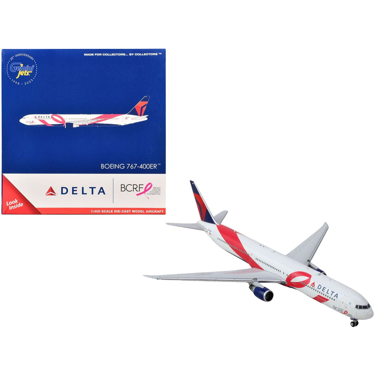 Boeing 767-400ER Commercial Aircraft "Delta Air Lines - Breast Cancer Research Foundation" (N845MH) White with Ribbon Graphics and Red and Blue Tail 1/400 Diecast Model Airplane by GeminiJets-GeminiJets-ModelCars.com