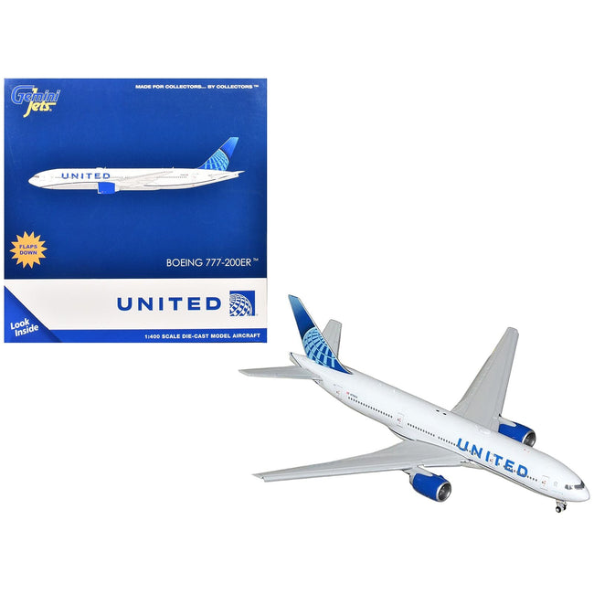 Boeing 777-200ER Commercial Aircraft with Flaps Down "United Airlines" (N798UA) White with Blue Tail 1/400 Diecast Model Airplane by GeminiJets-GeminiJets-ModelCars.com