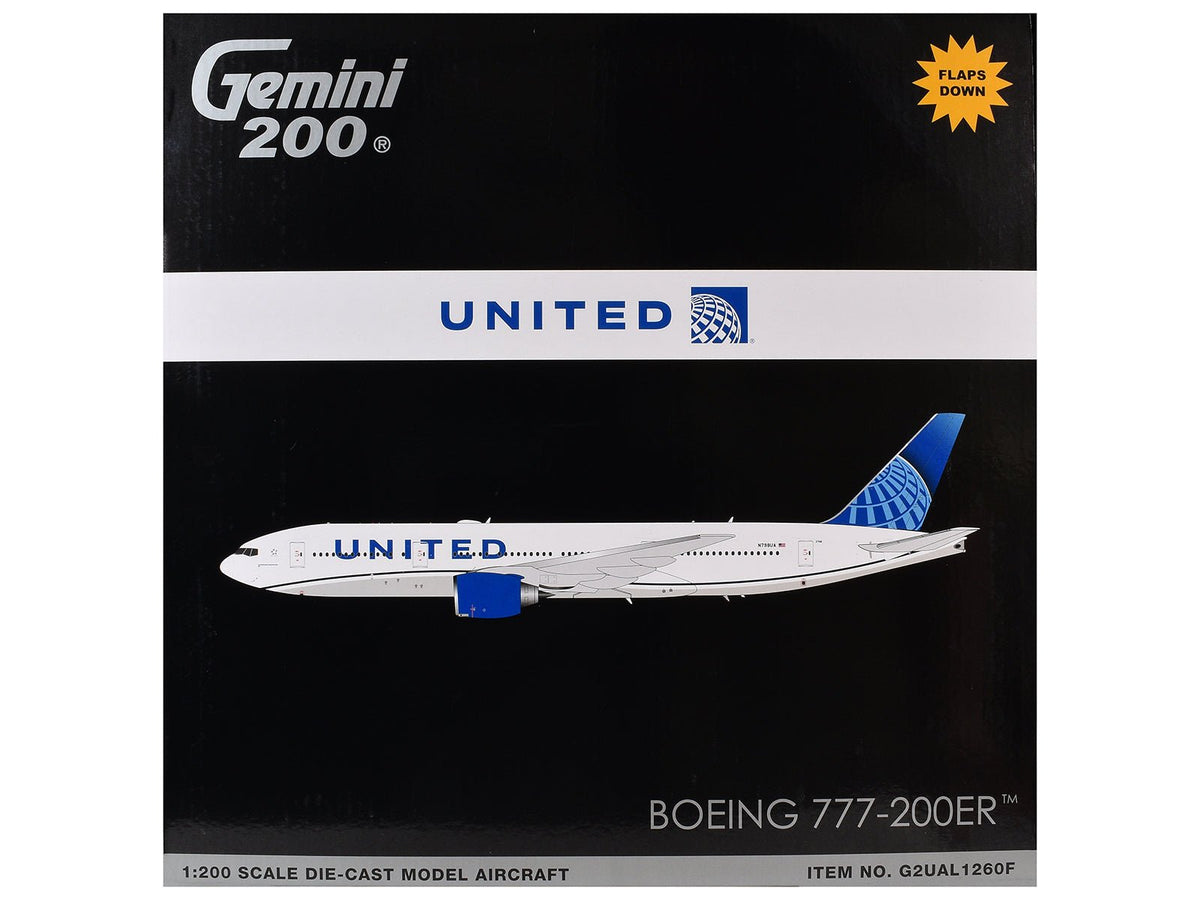 Boeing 777-200ER Commercial Aircraft with Flaps Down "United Airlines" (N798UA) White with Blue Tail "Gemini 200" Series 1/200 Diecast Model by GeminiJets-GeminiJets-ModelCars.com