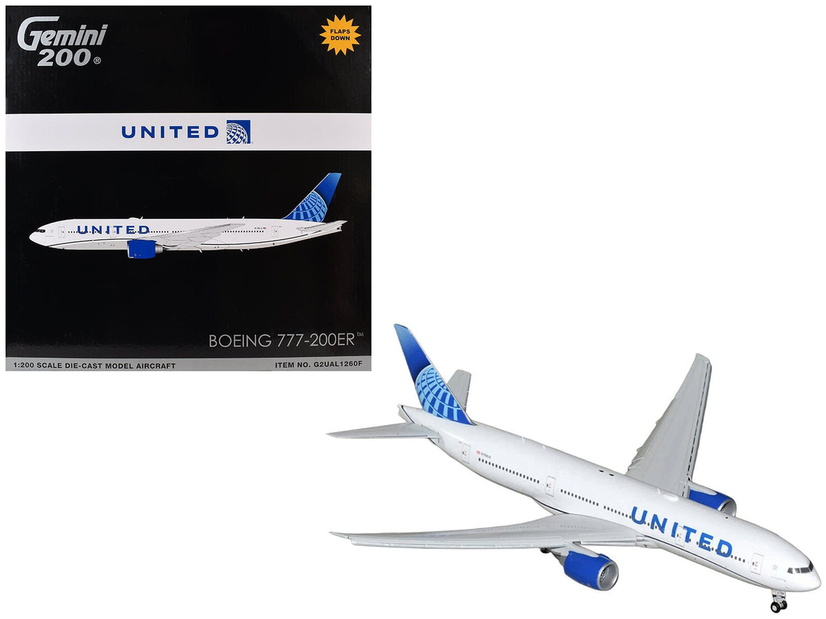 Boeing 777-200ER Commercial Aircraft with Flaps Down "United Airlines" (N798UA) White with Blue Tail "Gemini 200" Series 1/200 Diecast Model by GeminiJets-GeminiJets-ModelCars.com