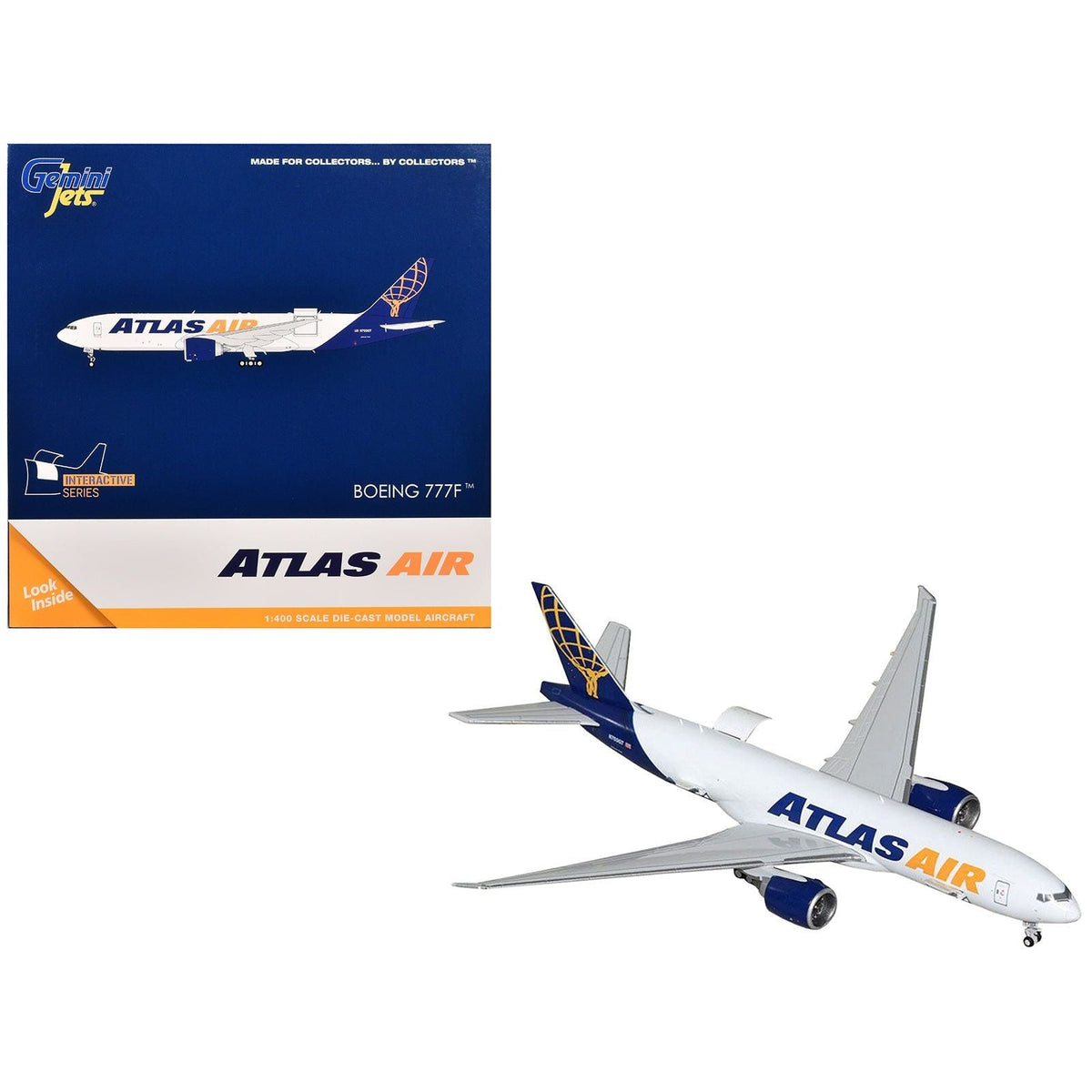 Boeing 777-200LRF Commercial Aircraft "Atlas Air" (N703GT) White with Blue Tail "Interactive Series" 1/400 Diecast Model Airplane by GeminiJets-GeminiJets-ModelCars.com