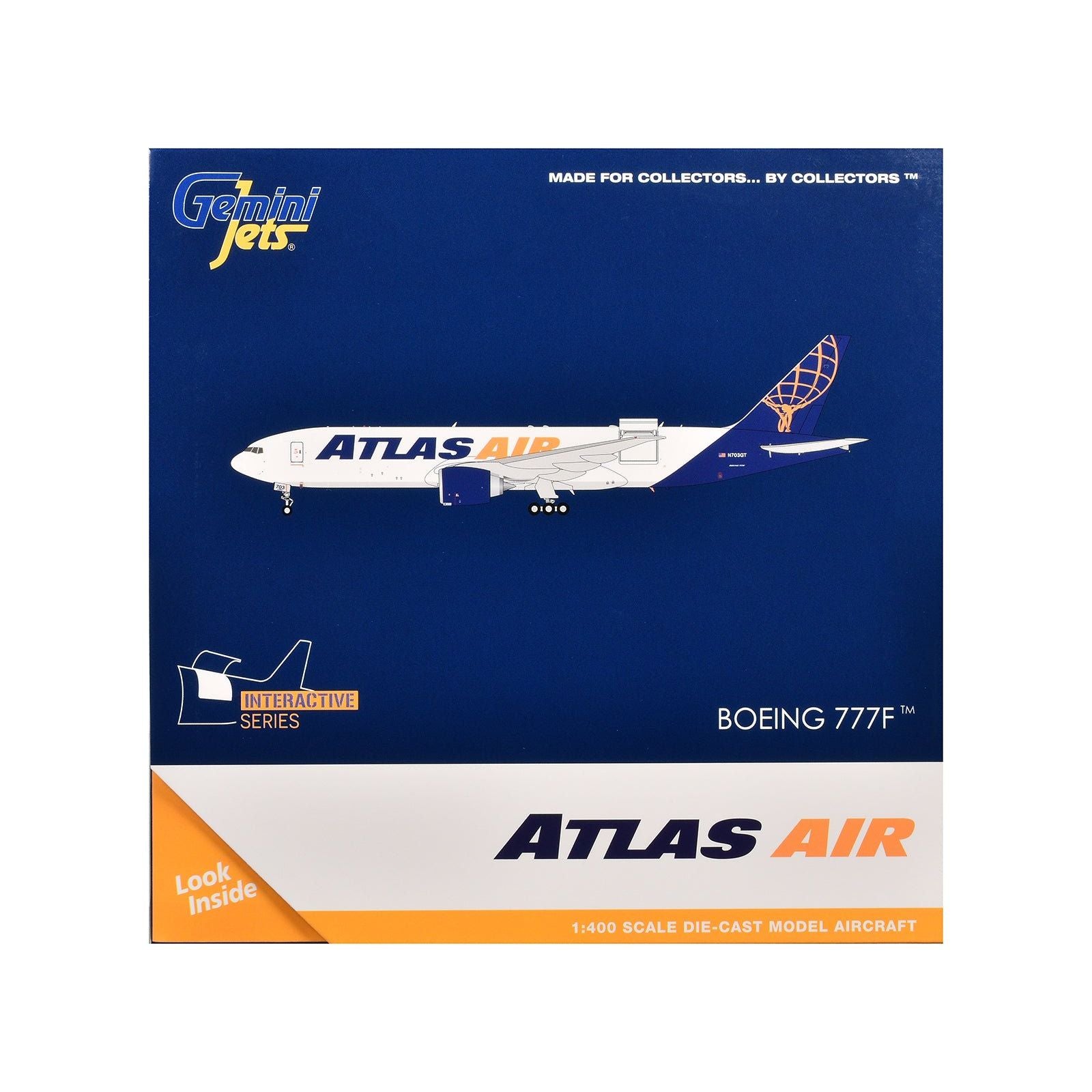 Boeing 777 - 200LRF Commercial Aircraft "Atlas Air" (N703GT) White with Blue Tail "Interactive Series" 1/400 Diecast Model Airplane by GeminiJets - GeminiJets - ModelCars.com