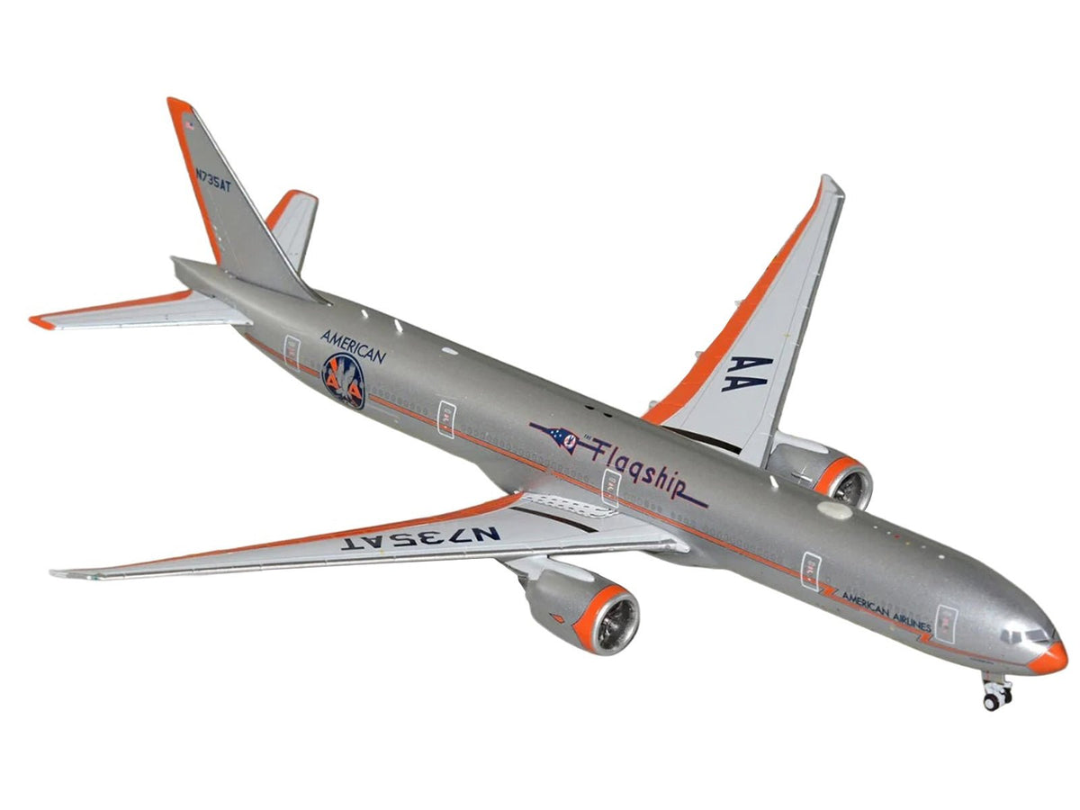 Boeing 777-300ER Commercial Aircraft "American Airlines - Flagship DFW" (N735AT) Silver with Orange Stripes 1/400 Diecast Model by GeminiJets-GeminiJets-ModelCars.com