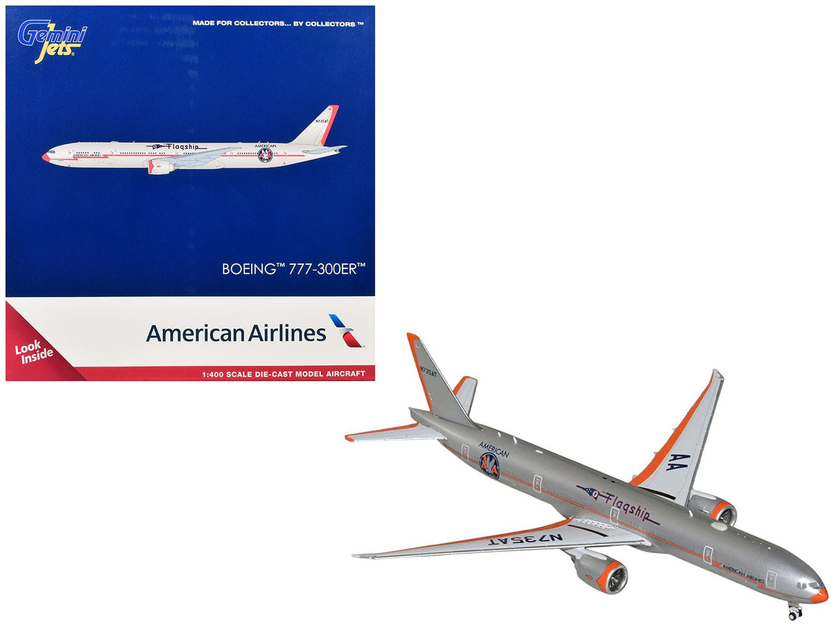 Boeing 777-300ER Commercial Aircraft "American Airlines - Flagship DFW" (N735AT) Silver with Orange Stripes 1/400 Diecast Model by GeminiJets-GeminiJets-ModelCars.com