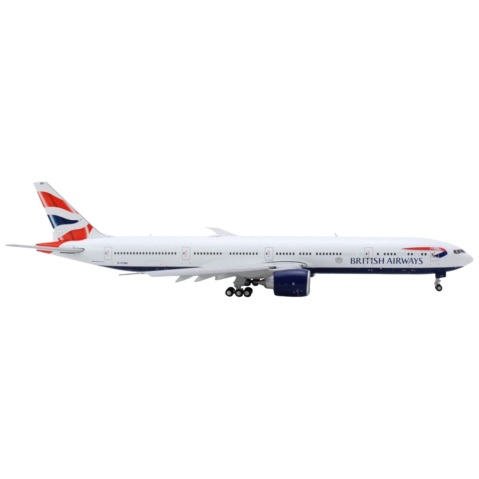 Boeing 777 - 300ER Commercial Aircraft with Flaps Down "British Airways" (G - STBH) White with Striped Tail 1/400 Diecast Model Airplane by GeminiJets - GeminiJets - ModelCars.com
