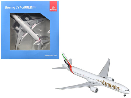 Boeing 777-300ER Commercial Aircraft with Flaps Down "Emirates Airlines" (A6-EQH) White with Striped Tail 1/400 Diecast Model by GeminiJets-GeminiJets-ModelCars.com
