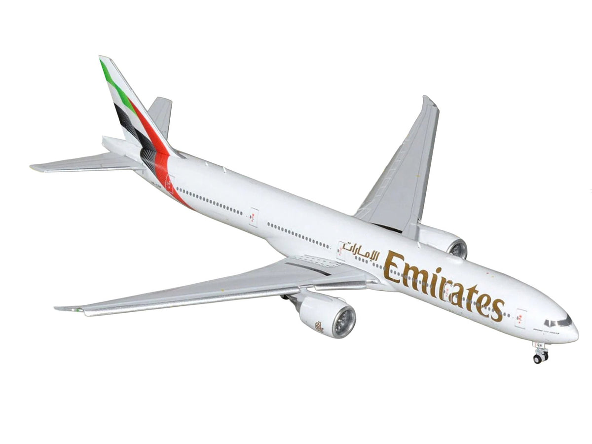 Boeing 777-300ER Commercial Aircraft with Flaps Down "Emirates Airlines" (A6-EQH) White with Striped Tail 1/400 Diecast Model by GeminiJets-GeminiJets-ModelCars.com