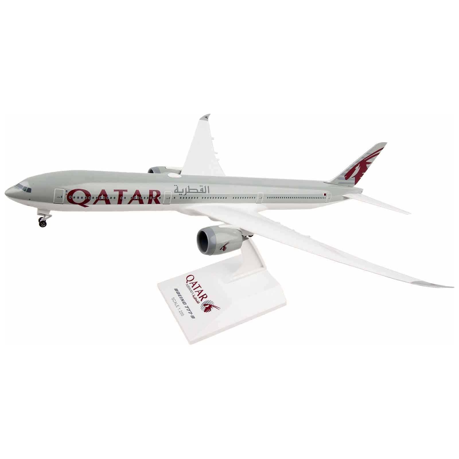 Boeing 777 - 9 Commercial Aircraft with Landing Gear "Qatar Airways" Gray with Tail Graphics (Snap - Fit) 1/200 Plastic Model by Skymarks - Skymarks - ModelCars.com
