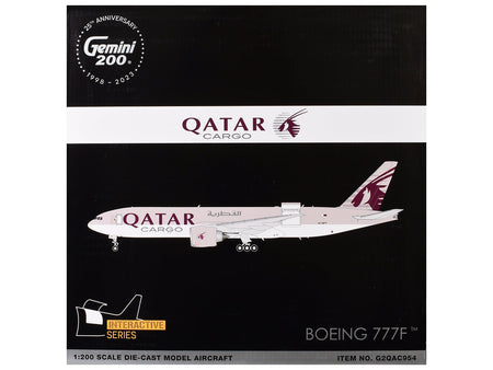 Boeing 777F Commercial Aircraft "Qatar Cargo" (A7-BFT) Gray with Tail Graphics "Gemini 200 - Interactive" Series 1/200 Diecast Model Airplane by GeminiJets-GeminiJets-ModelCars.com