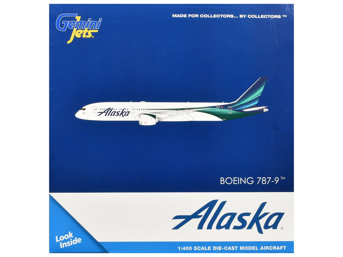 Boeing 787-9 Commercial Aircraft "Alaska Airlines" (N784HA) White with Blue and Green Tail 1/400 Diecast Model by GeminiJets-GeminiJets-ModelCars.com