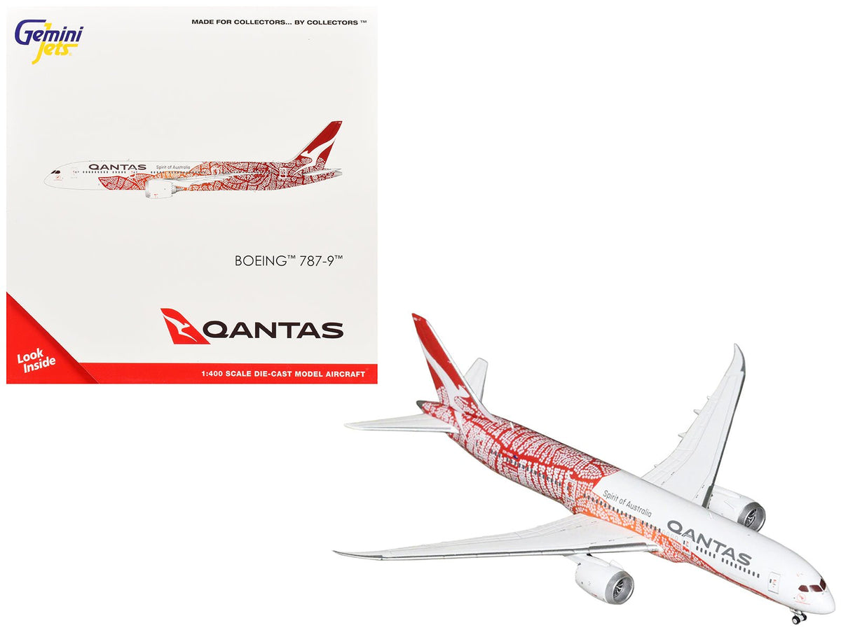 Boeing 787-9 Commercial Aircraft "Qantas - Yam Dreaming" (VH-ZND) White with Red Graphics 1/400 Diecast Model Airplane by GeminiJets-GeminiJets-ModelCars.com