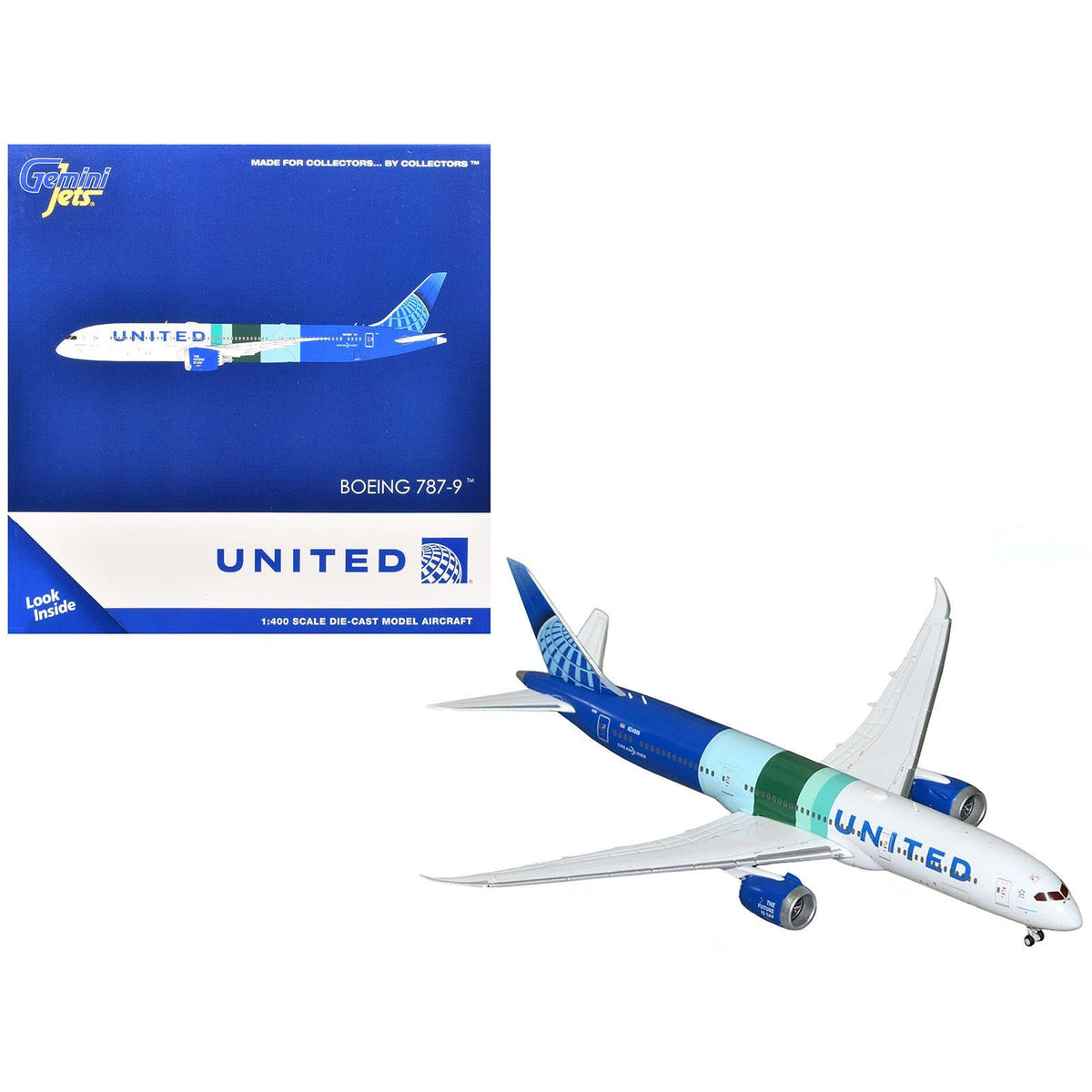 Boeing 787-9 Commercial Aircraft "United Airlines - The Future is SAF" (N24988) White and Blue with Stripes 1/400 Diecast Model Airplane by GeminiJets-GeminiJets-ModelCars.com