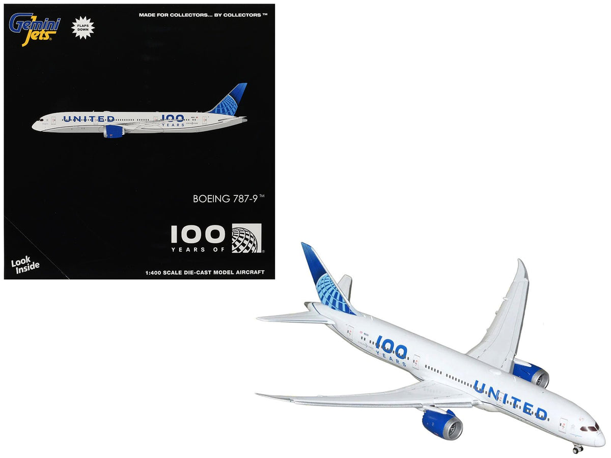Boeing 787-9 Commercial Aircraft with Flaps Down "United Airlines 100 Years" (N61101) White with Graphics and Blue Tail 1/400 Diecast Model by GeminiJets-GeminiJets-ModelCars.com