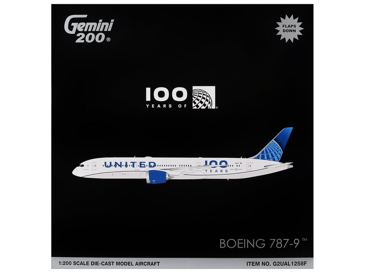Boeing 787-9 Commercial Aircraft with Flaps Down "United Airlines 100 Years" (N61101) White with Graphics and Blue Tail "Gemini 200" Series 1/200 Diecast Model by GeminiJets-GeminiJets-ModelCars.com