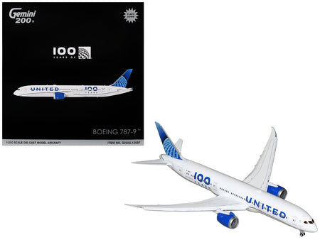 Boeing 787-9 Commercial Aircraft with Flaps Down "United Airlines 100 Years" (N61101) White with Graphics and Blue Tail "Gemini 200" Series 1/200 Diecast Model by GeminiJets-GeminiJets-ModelCars.com