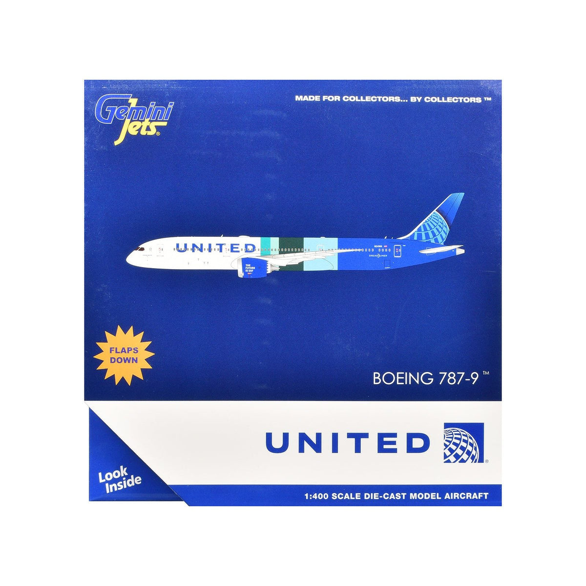 Boeing 787-9 Commercial Aircraft with Flaps Down "United Airlines - The Future is SAF" (N24988) White and Blue with Stripes 1/400 Diecast Model Airplane by GeminiJets-GeminiJets-ModelCars.com
