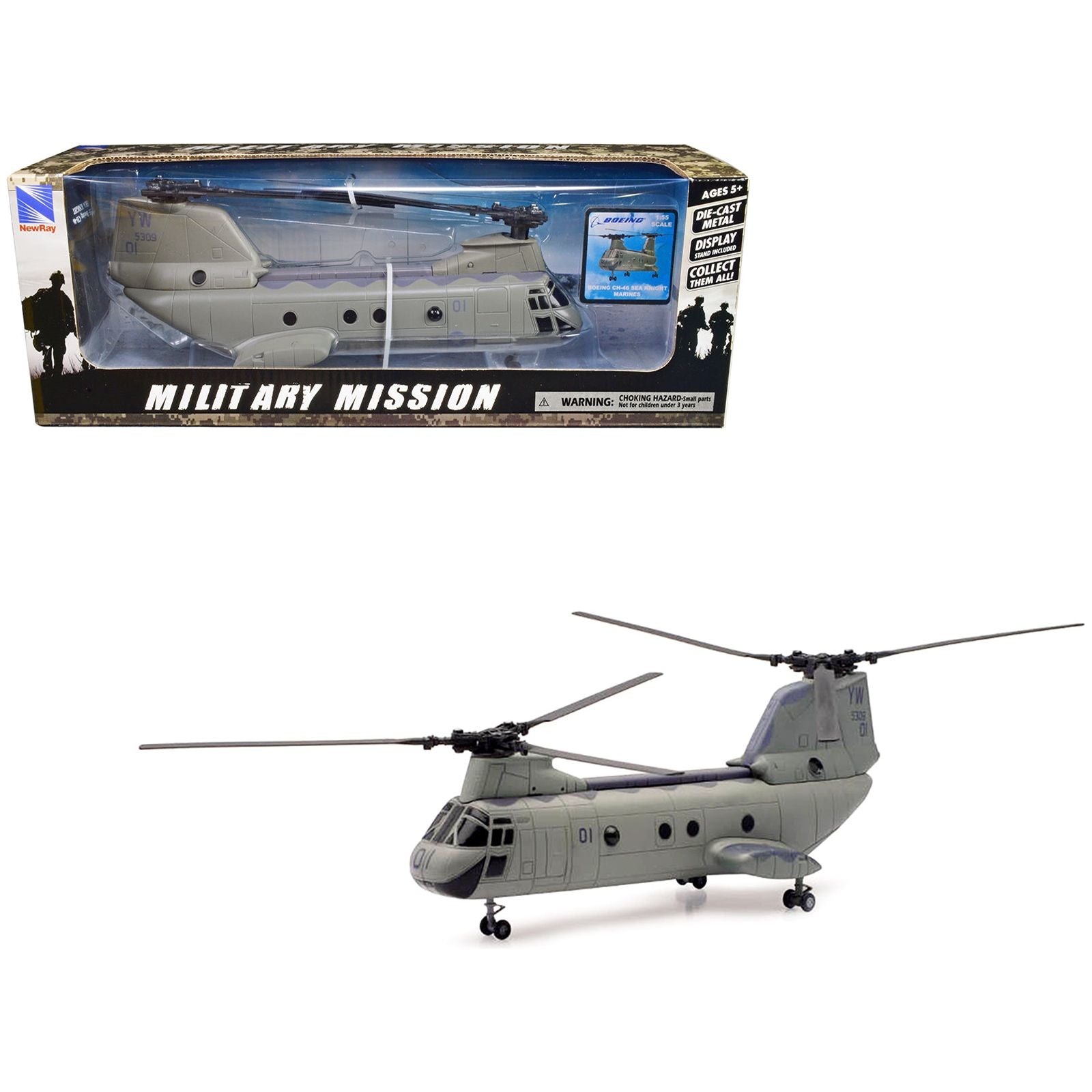 Boeing CH - 46 Sea Knight Helicopter Olive Drab "United States Marines" "Military Mission" Series 1/55 Diecast Model by New Ray - New Ray - ModelCars.com