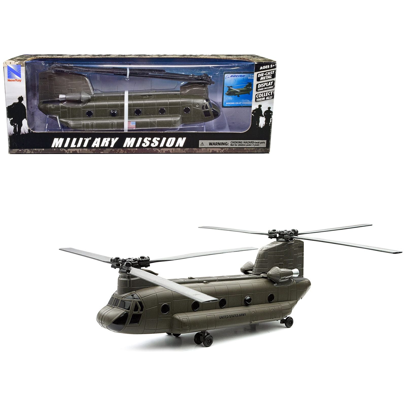 Boeing CH - 47 Chinook Aircraft "United States Army" Olive Drab "Military Mission" Series 1/60 Diecast Model by New Ray - New Ray - ModelCars.com