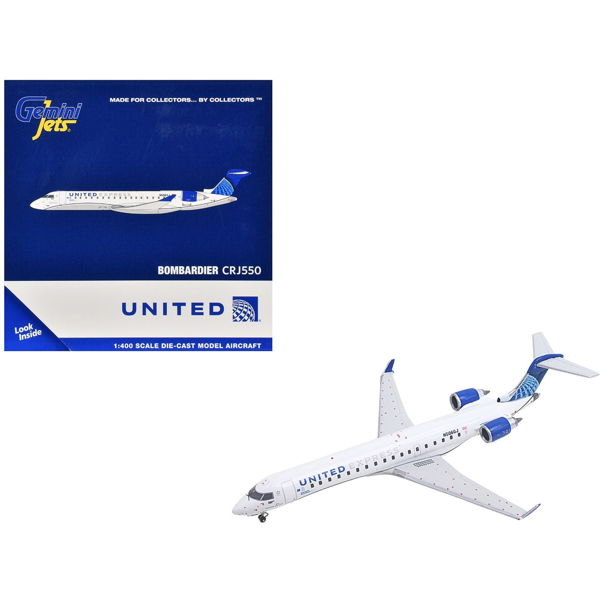 Bombardier CRJ550 Commercial Aircraft "United Express" (N506GJ) White with Blue Tail 1/400 Diecast Model Airplane by GeminiJets-GeminiJets-ModelCars.com