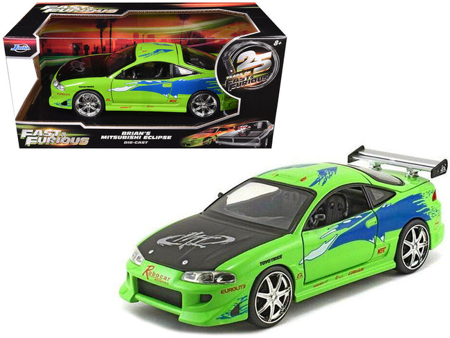 Brian's Mitsubishi Eclipse Green with Black Hood and Graphics "The Fast and The Furious" (2001) Movie "25 Years of Fast & Furious" Series 1/24 Diecast Model by Jada-Jada-ModelCars.com