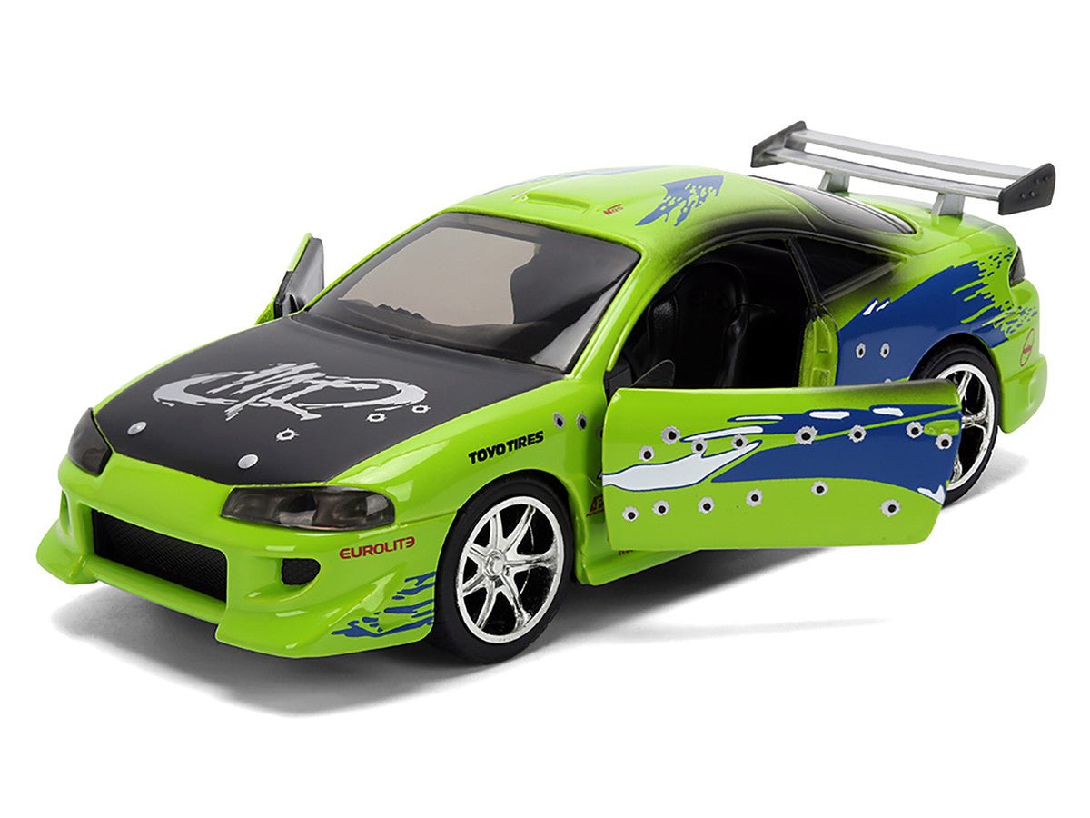 Brian's Mitsubishi Eclipse Green with Graphics (Damaged Version) "25 Years of Fast & Furious" "The Fast and the Furious" (2001) Movie 1/32 Diecast Model Car by Jada-Jada-ModelCars.com