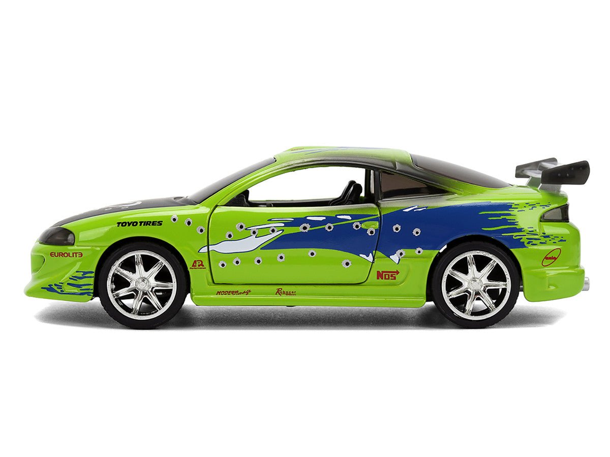 Brian's Mitsubishi Eclipse Green with Graphics (Damaged Version) "25 Years of Fast & Furious" "The Fast and the Furious" (2001) Movie 1/32 Diecast Model Car by Jada-Jada-ModelCars.com