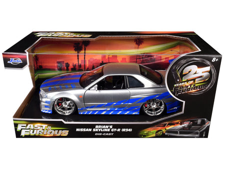 Brian's Nissan GTR Skyline R34 RHD (Right Hand Drive) Silver with Blue Stripes "Fast & Furious 25th Anniversary" 1/24 Diecast Model Car by Jada-Jada-ModelCars.com